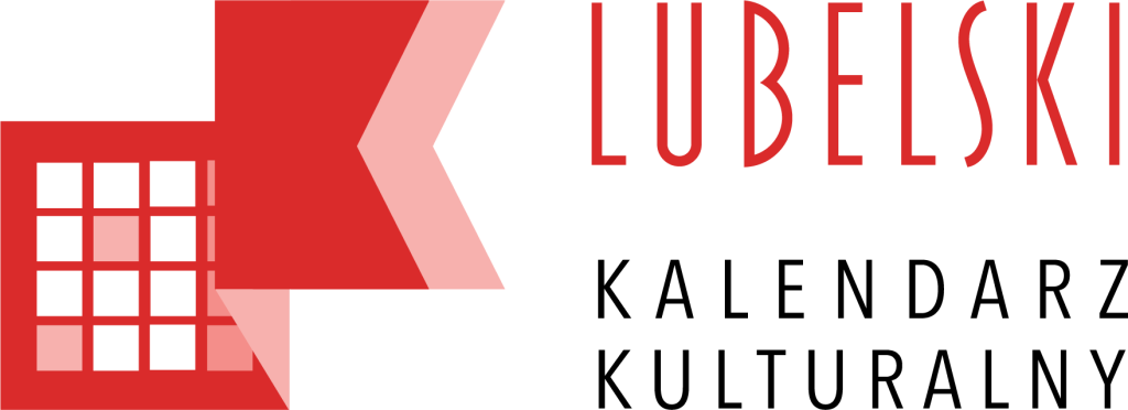 Logo Lubelskiego Kalendarza Kulturalnego w wersji poziomej. Po lewej stronie czerwony symbol kalendarza połączony z graficzną wstęgą, po prawej stronie czerwony napis „Lubelski” oraz czarny napis „Kalendarz Kulturalny” w dwóch liniach.