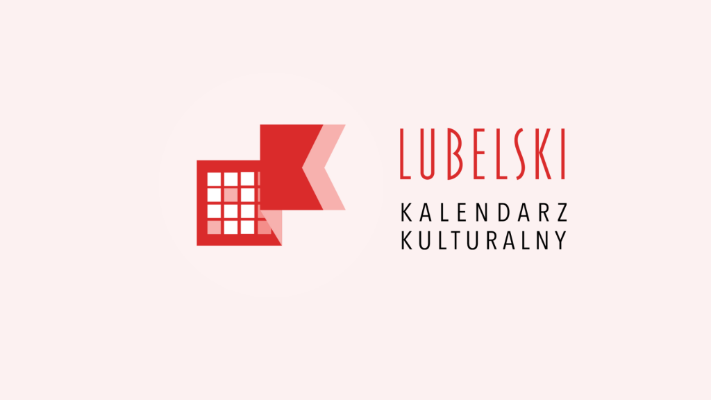 Logo Lubelskiego Kalendarza Kulturalnego. Po lewej stronie czerwona ikona kalendarza z symbolem wstęgi, po prawej napis „Lubelski Kalendarz Kulturalny” w czerwono-czarnej typografii na jasnoróżowym tle.